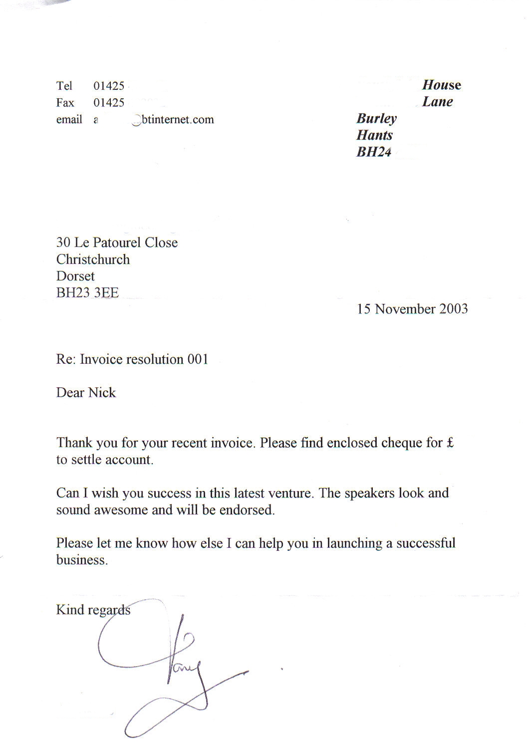 Letter of endorsement from a customer some weeks after getting his resolution loudspeakers. This wealthy Burley customer to the left was our first, using no equalizer and precious little bass boost from his own amp. Click to enlarge