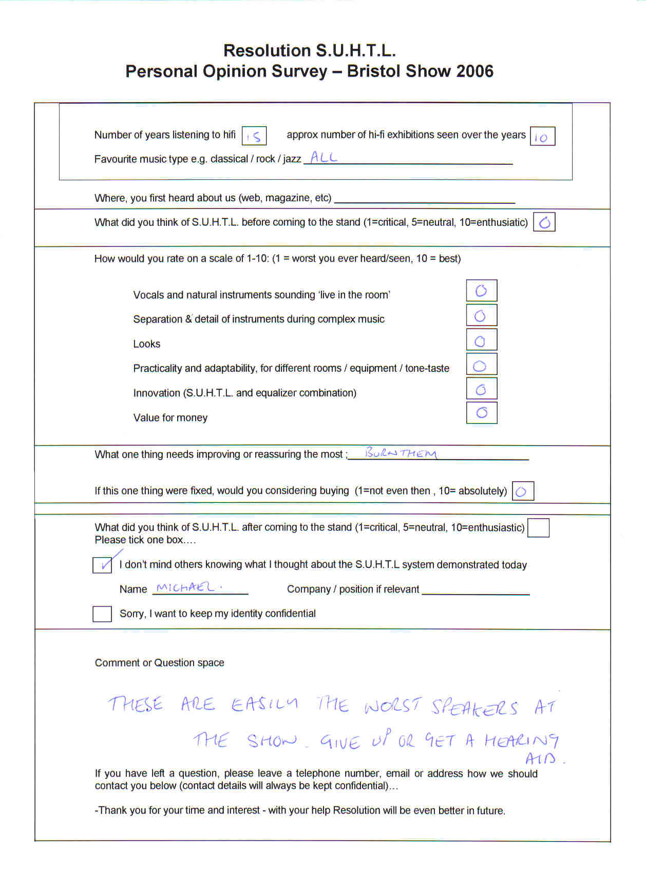 0,0,0,0,0,0 competitor who was recognised sneaking in and filling out this form without hearing the demo, also didnt bother reading the scale was from 1 (this was the only  bad comment and it was clear attempt at sabotage from a coward who was seen creeping out wearing a trade badge-ta anyway!))