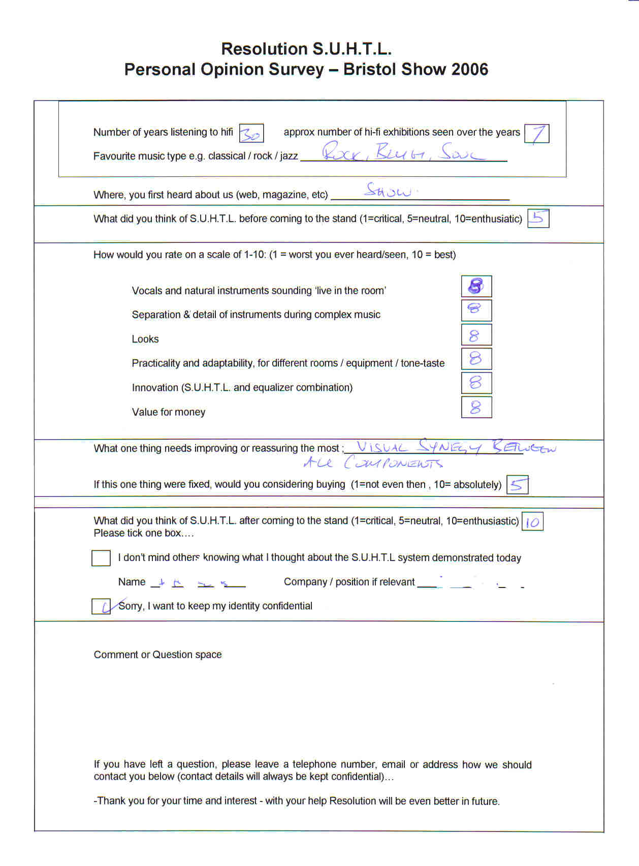 8,8,8,8,8,8 trade pro-installer of the very best stuff, after the demo 10/10 actually owns linn isobarric system and knows everything about hifi - his mates at the bar thought it (6*9 TL) a joke and unlike him, didnt come for a listen (this chap was 