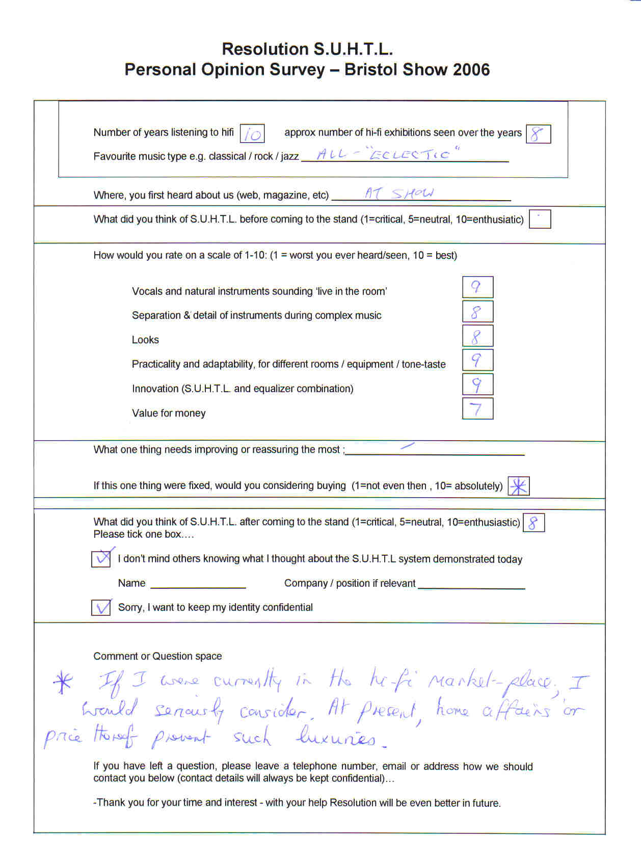 9,8,8,9,9,7 eclectic experienced show-goer,  very impressed