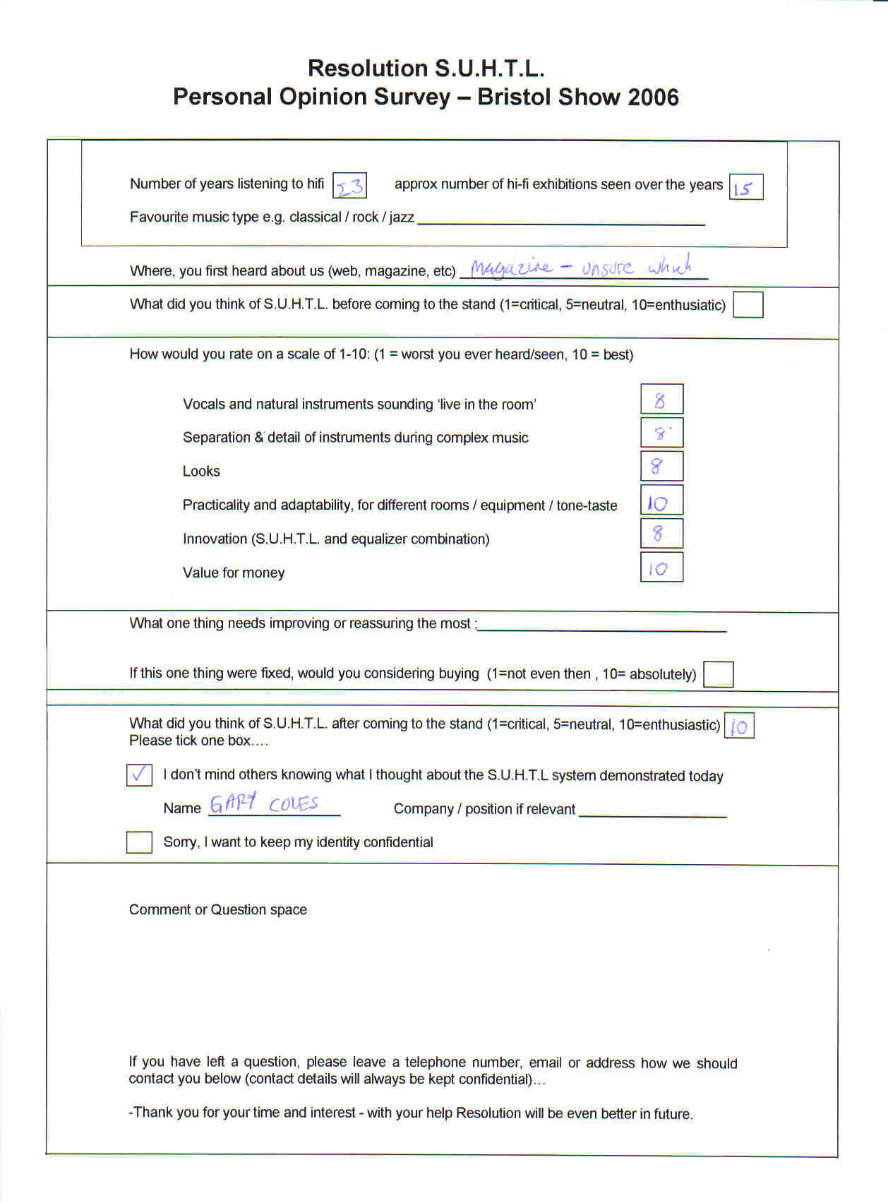 8,8,8,10,8,10 seasoned/experienced audiophile very impressed with the demo
